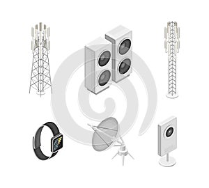 Wireless Communication Technology with Gadget and Networking System Isometric Vector Set