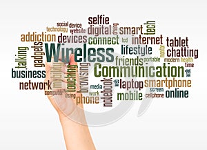 Wireless Communication word cloud and hand with marker concept