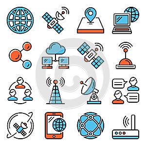 Wireless Communications and Satellite Icons Set on White Background. Vector