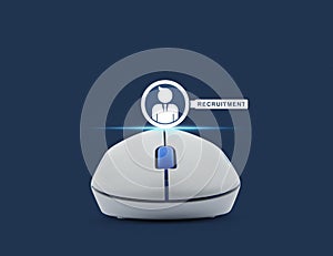 Wireless computer mouse with businessman and magnifying glass icon over blue background, Recruitment on line concept