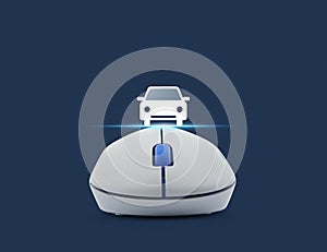 Wireless computer mouse with car front view flat icon over blue