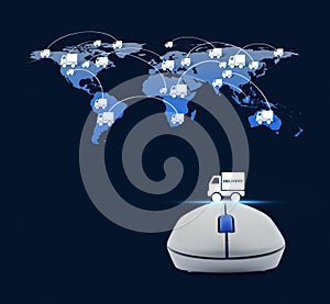 Wireless computer mouse with delivery truck icon and truck world