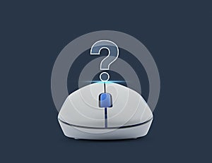 Wireless computer mouse with question mark sign icon over blue b