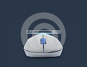 Wireless computer mouse with search www button over blue backgro