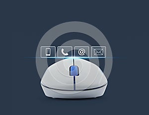 Wireless computer mouse with telephone, mobile phone, at and email buttons over blue background, Customer support concept