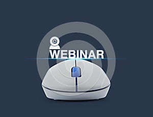 Wireless computer mouse with webinar icon over blue background,