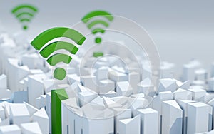 Wireless connectivity in urban environment. Modern, smart city concept. Digital 3D render.