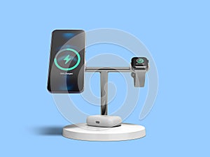 Wireless device charger with smatrphone and smartwatch front view 3d render on blue