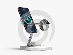 Wireless device charger with smatrphone and smartwatch perspective view 3d render on white with alpha