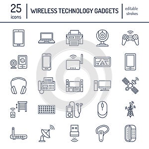 Wireless devices flat line icons. Wifi internet connection technology signs. Router, computer, smartphone, tablet