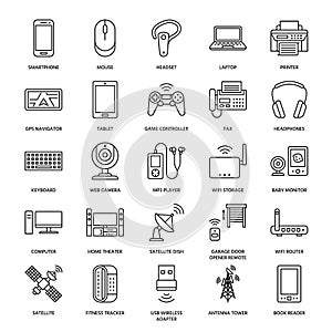 Wireless devices flat line icons. Wifi internet connection technology signs. Router, computer, smartphone, tablet