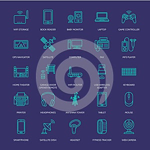 Wireless devices flat line icons. Wifi internet connection technology signs. Router, computer, smartphone, tablet