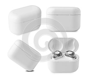 Wireless earbuds case mockup isolated on white background with clipping path.