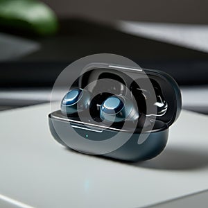 Wireless earbuds in a charging case, appearing sleek and modern. The case has a
