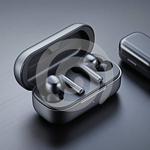 Wireless earbuds with charging case on a dark surface, ready to use.