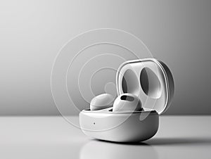 Wireless earbuds in charging case, minimalist design and sleek finish.