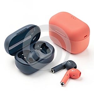 Wireless earbuds in coral and navy charging case