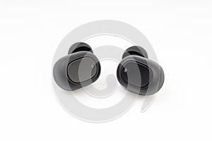 Wireless earbuds or earphones on white background