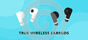 Wireless earbuds vector banner. TWS true wireless headphones of white and black color illustration.