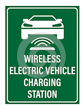 Wireless electric vehicle charging station. Information road sign with silhouette of electric charging. Text