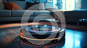 Wireless futuristic vacuum hoover cleaning machine robot in a living room