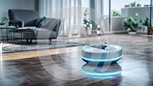 Wireless Futuristic Vacuum Robot on Schedule in a Living Room.