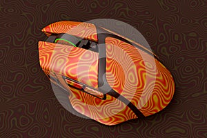 Wireless gaming computer mouse with seamless wavy pattern on dark background