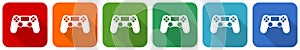 Wireless gaming controller, gamepad icon set, flat design vector illustration in 6 colors options for webdesign and mobile