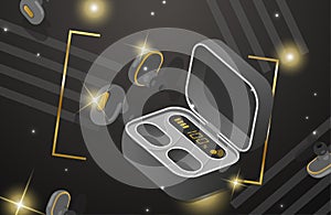 Wireless headphones and charging case for earbuds vector isometric illustration isolated on bright dark background.