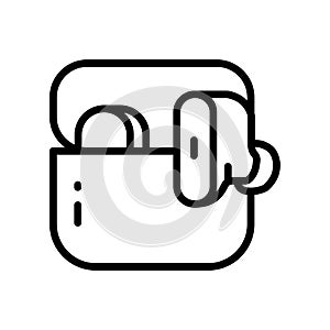 Wireless headphones in charging case icon. Simple line illustration. Contour symbol. Vector isolated drawing