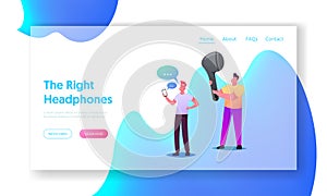 Wireless Headphones Landing Page Template. Young People Listen Music on Mobile Phone