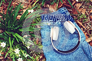 Wireless headphones on spring background, top view. Music, lifestyle and technology concept