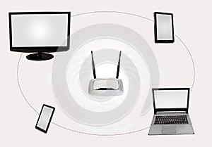 Wireless Internet connectivity zone with router desktop monitor laptop tab smart phone isolated in white.