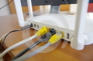 Wireless internet router with connecting cables, fiber optic Internet, internet security