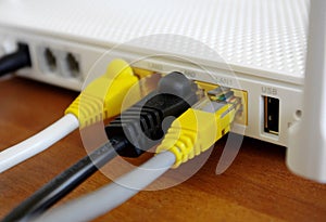 Wireless internet router with connecting cables, fiber optic Internet, internet security