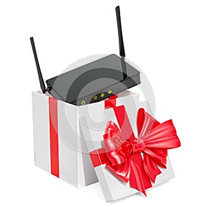 Wireless internet router in gift concept. 3D rendering