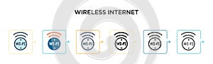 Wireless internet vector icon in 6 different modern styles. Black, two colored wireless internet icons designed in filled, outline