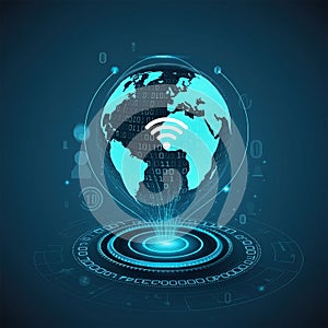 Wireless internet wifi connection. Big data binary code flow numbers. Global network, high speed connection, data rate technology