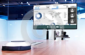 Wireless microphone portable on table with presentation on screen television in meeting room