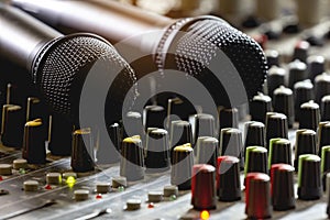 Wireless microphones transmit radio waves on a professional audio mixer in a conference room