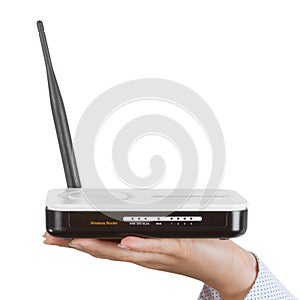 Wireless Modem Router Hardware over Woman Palm