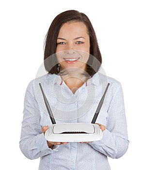 Wireless Modem Router Hardware in Woman Hands