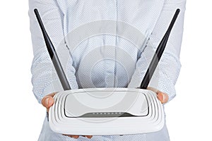 Wireless Modem Router Hardware in Woman Palm