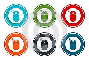 Wireless mouse icon flat vector illustration design round buttons collection 6 concept colorful frame simple circle set