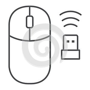 Wireless mouse thin line icon, cursor and device, computer mouse sign, vector graphics, a linear pattern on a white