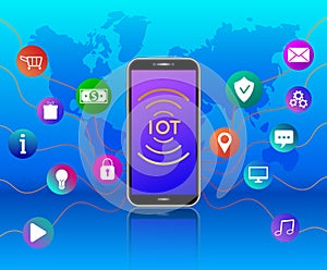 Wireless network connections technology. IOT concept. Cloud computing. Smartphone with colorful icons on blue background with worl