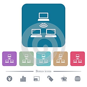 Wireless network flat icons on color rounded square backgrounds