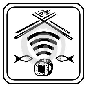 The wireless network icon and the traditional Japanese dish of rice with seafood, as well as the concept of the logo symbol Wi-Fi