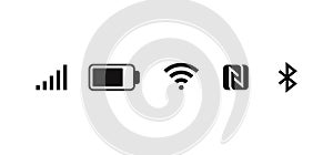 Wireless network icons. Mobile GSM network Wi-Fi, Bluetooth and NFC signal smartphone status bar icons. Vector mobile