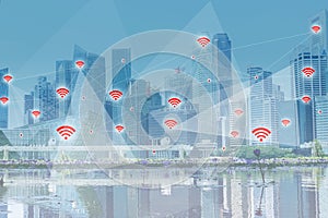 Wireless network impact in a city map abstract concept with skyscrapers and lots of connections ranges across buildings